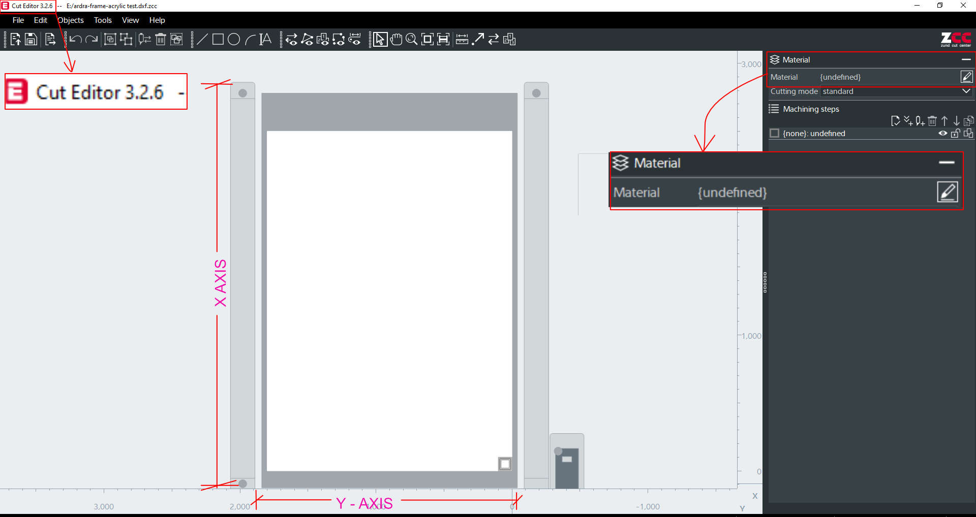 The layout in ZUND Cut Editor after importing the DXF file. Import the file into Cut Editor and choose the material.