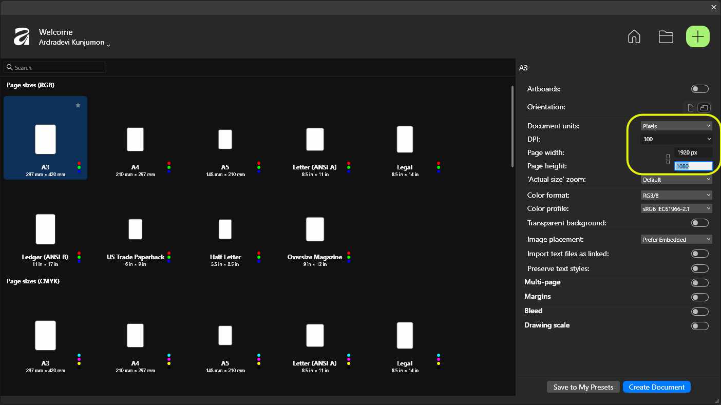 On opening Affinity click the plus symbol on the window to create a new document. The image size is 1920 x 1080 pixels