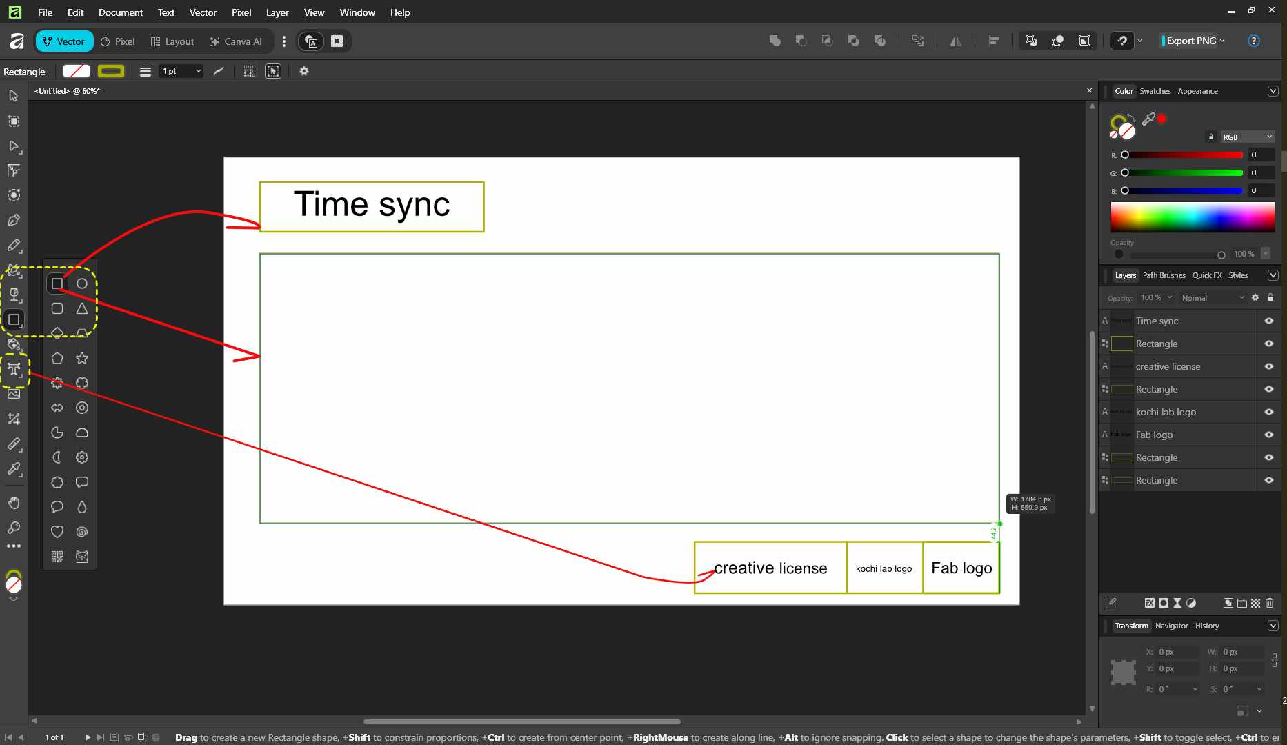 Affinity is so simialr to photoshop. I wanted to create a simple template for the slide. I used the shape tool or press U and drew the rectangles. Press T for placing text.