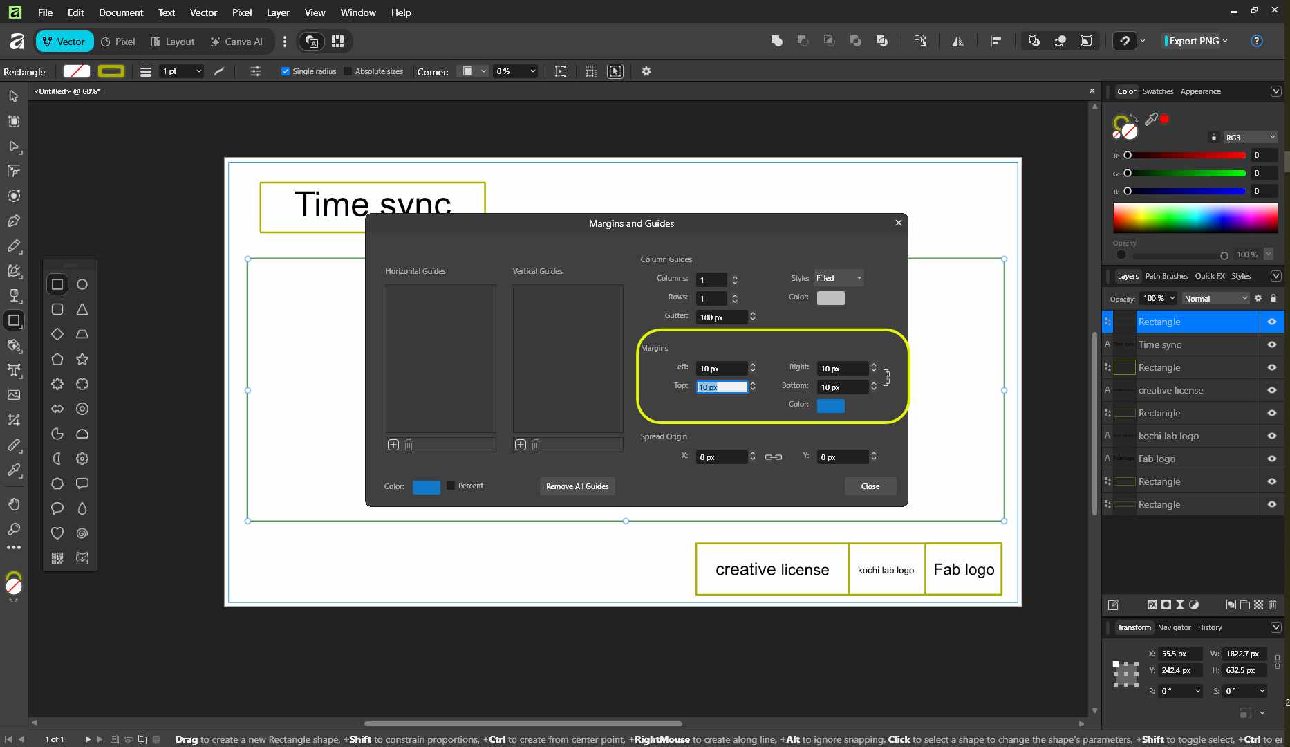 I added a guide . VIEW > MARGINES AND GUIDES. It opens into a dialog box, the changes in values, the changes in the guiides are seen on the workspace.