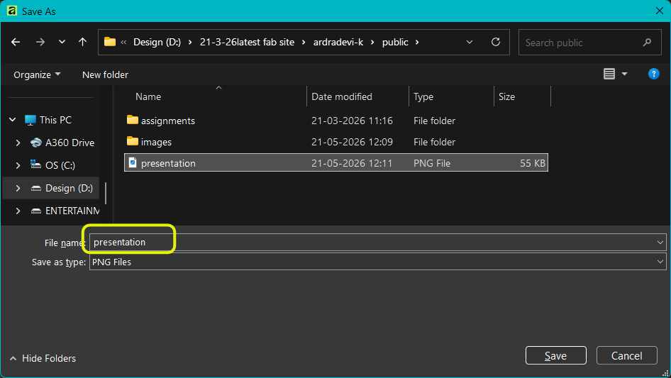 IMPORTANT : save the file name exactly as presentation small letters and png format. SAVE in PUBLIC folder In the image I am replacing the file I made earlier