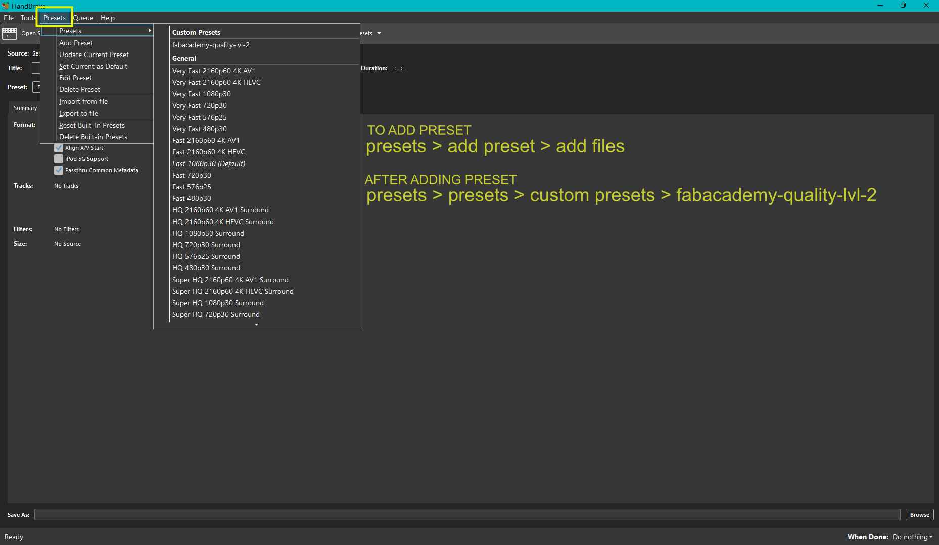A preset was shared with us. I will add it below. Open handbrake on the toolbar select PRESETS > ADD PRESETS.