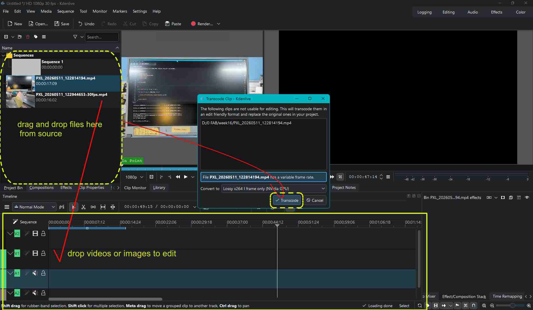 Open Kdenlive>New Project. Drag and drop the files in the top left window. then drop the files to the below track to edit. click to transcode if asked