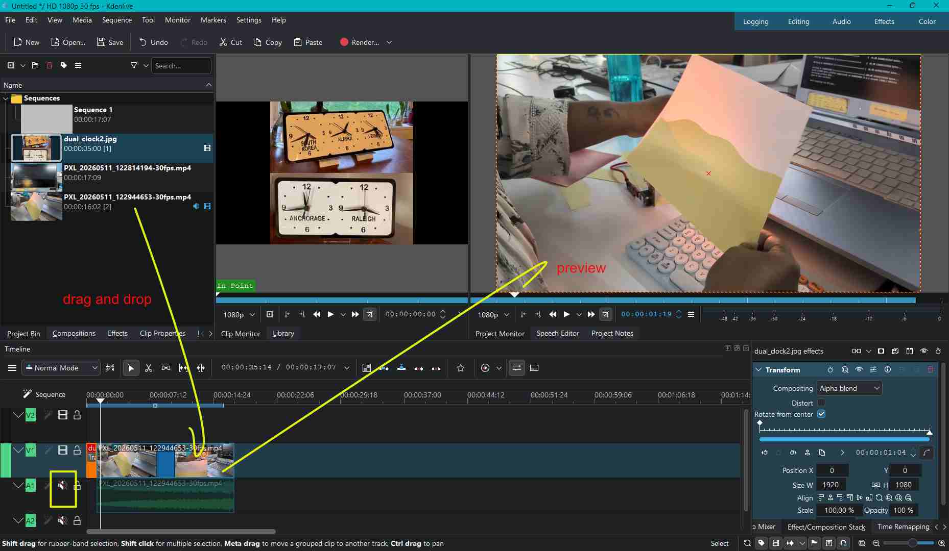 the selected video is previwed in the window. I have muted the Audio of that video. I added an image to the beginning of the video, drag and dropped.