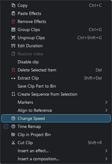 To edit the video speed. Right click on the video and click change speed.
