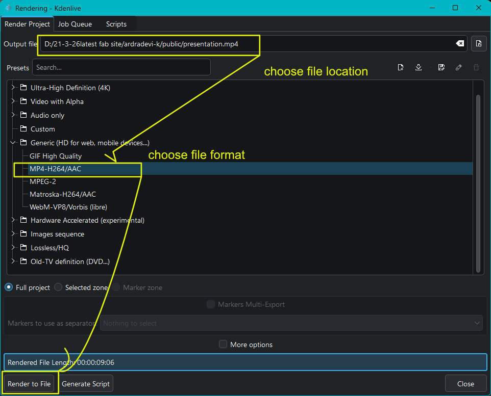 In RENDER PROJECT , Choose the location to save the file. Then choose the video format MP4-H264/AAC, then render to file. File name is important presentation.