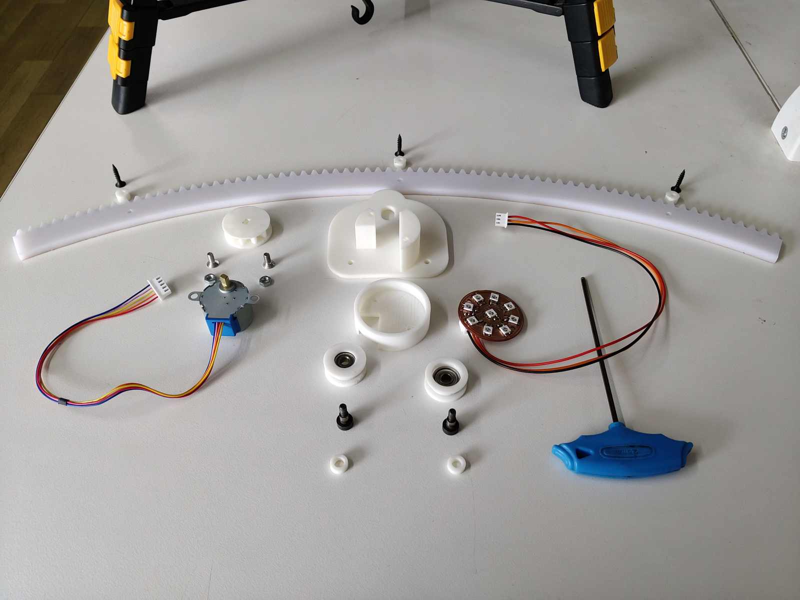 The complete mechanical assembly. This version was later modified because the slider configuration created difficulties in mounting the NeoPixel ring holder. A 2.5 mm Allen key was used during assembly.
