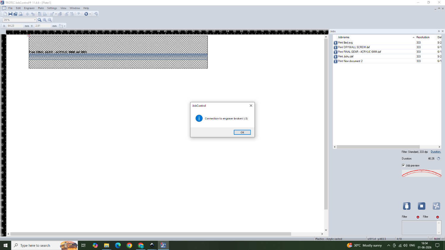 The gear cutting operation was prepared and executed using Trotec JobControl software.