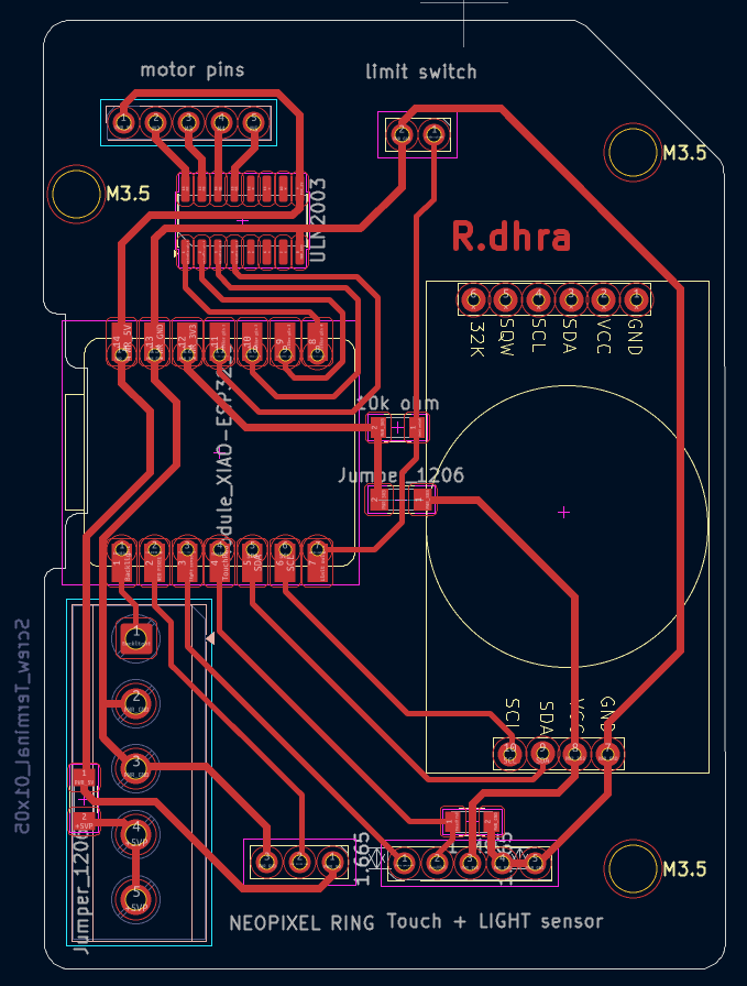 The PCB layout was designed with space for the Xiao ESP32C6 and access to its USB Type C connector. The screw terminals were placed close to the Xiao and aligned vertically along the left side of the board to simplify wiring. The motor and limit switch connectors were positioned along the top edge for easier cable routing. The initial design assumed the use of a USB Type C decoy sink module, allowing the PCB to be placed at the centre of the assembly. Later, this approach was changed and the Xiao was positioned near the edge of the frame so it could directly power the backlight LEDs and the rest of the model. A cutout was added near the USB connector for easy cable access. The DS3231 RTC module was mounted close to the Xiao using vertical header pins, allowing it to sit above the main PCB. Most of its connections were soldered from the back side of the board. One corner of the PCB was chamfered to help fit the board into the 3D printed mounting module.