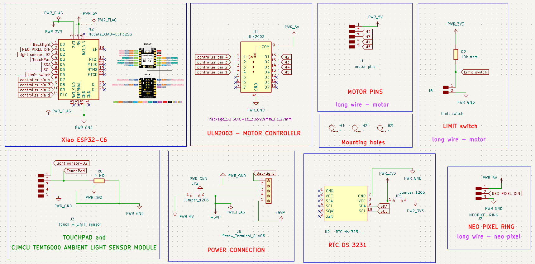 The schematic diagram shows the connections between the Xiao ESP32C6, which was chosen for its wireless communication capabilities. Screw terminals were connected to power the main board when an external power source was required. One limit switch was connected to the board. The light sensor and touch sensor were later moved to a separate PCB. A pin was initially provided for a bare touch pad, but this was later replaced with a TTP223 touch sensor. Separate JST connectors were used for the touch sensor and light sensor. Connections to the other boards were made using JST XH 90 degree through hole connectors. The DS3231 RTC module was used with a coin cell battery for accurate timekeeping. The ULN2003 motor driver controls the 28BYJ48 5V stepper motor.