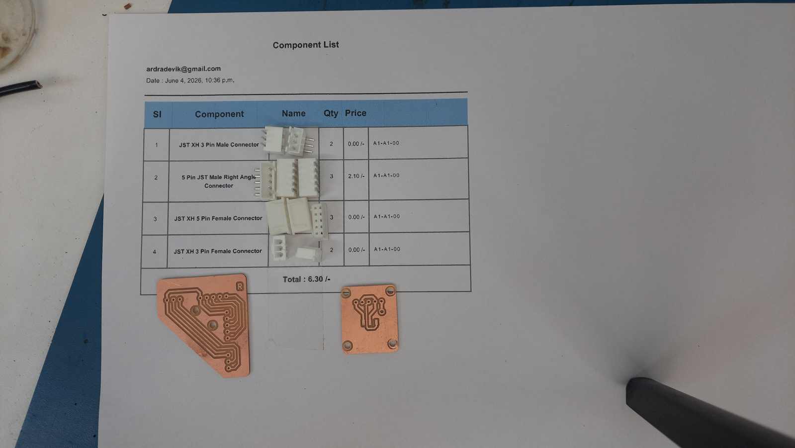 The completed JST breakout board together with the touch sensor board used in the final assembly.