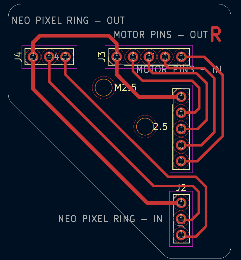 The PCB editor view showing the trace routing of the JST breakout board. The connector pins had to be positioned carefully so that they aligned correctly with the matching connectors on the other boards.