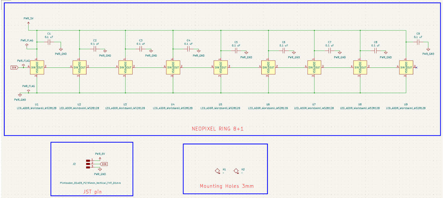 The schematic diagram shows the connections for the NeoPixel ring PCB. The WS2812B RGB LEDs are connected in series, allowing data to be passed from one LED to the next.