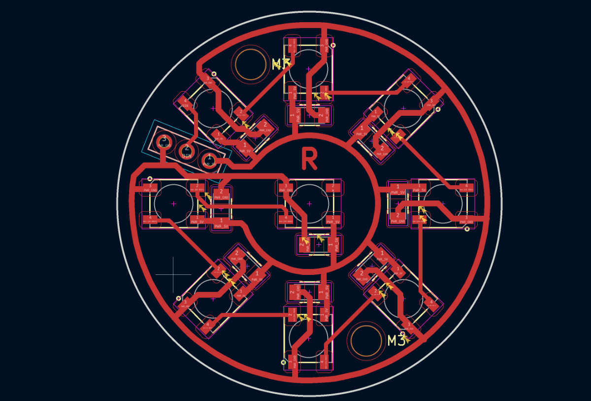 The PCB traces were created using the External Plugin Trace Footprints. This plugin allows components to be arranged in circular, angular, or rectangular patterns, making it easier to design the ring shaped layout.