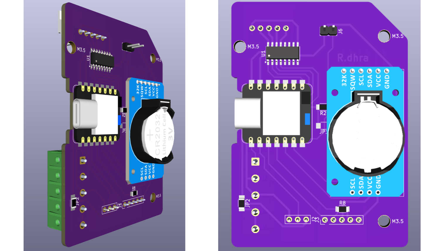 The front view of the PCB is shown in detail. A cutout has been provided in the shroud to allow access to the USB Type C connector for power and programming. The header pins and soldered connections are visible on the copper clad side of the PCB, showing the routing and assembly of the board.