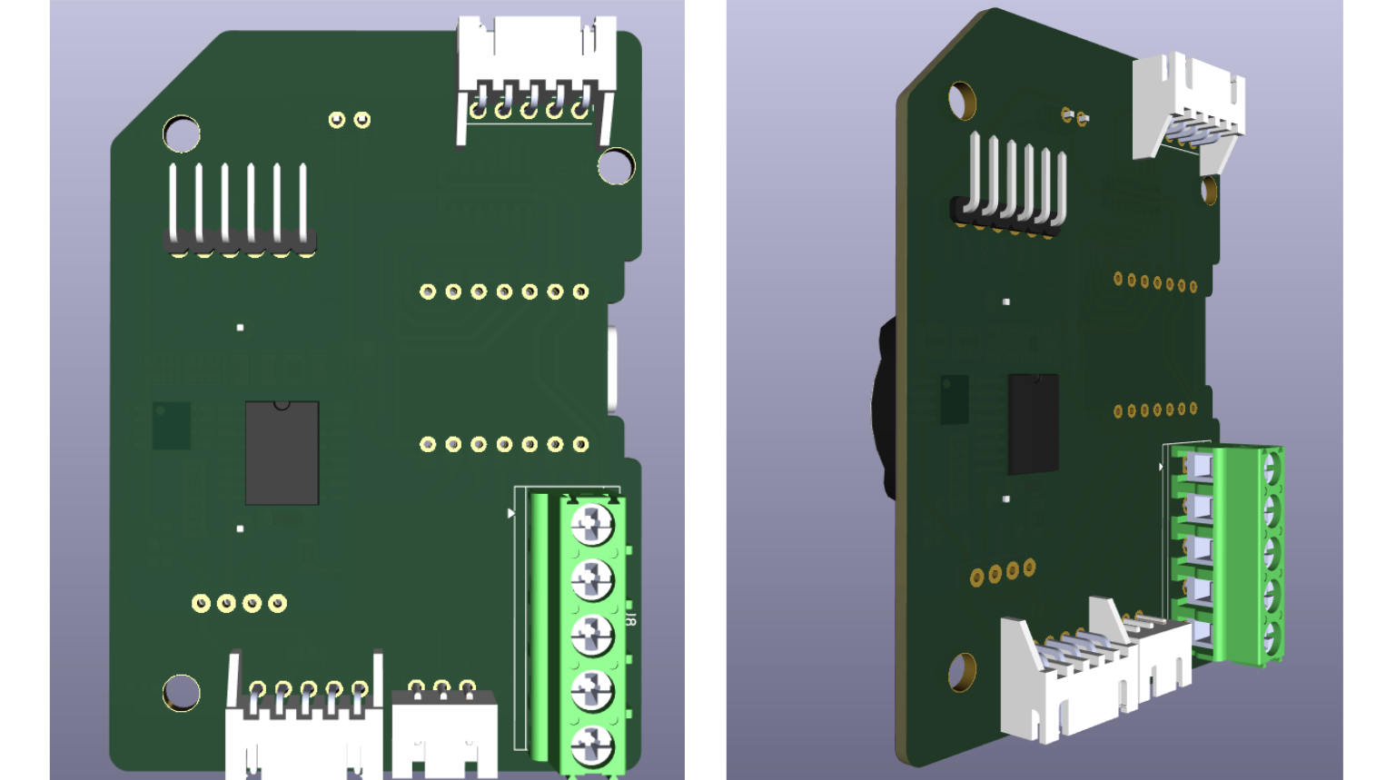 This image shows the back side of the PCB where most of the components, connectors, and connection points are placed. The arrangement of the connectors and wiring points can be clearly seen from this view.