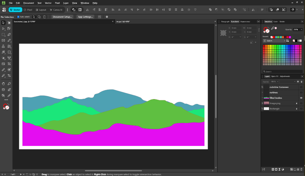 The image was traced using the Pen Tool. Different colours were assigned to each region to make the layers easier to identify and organise.