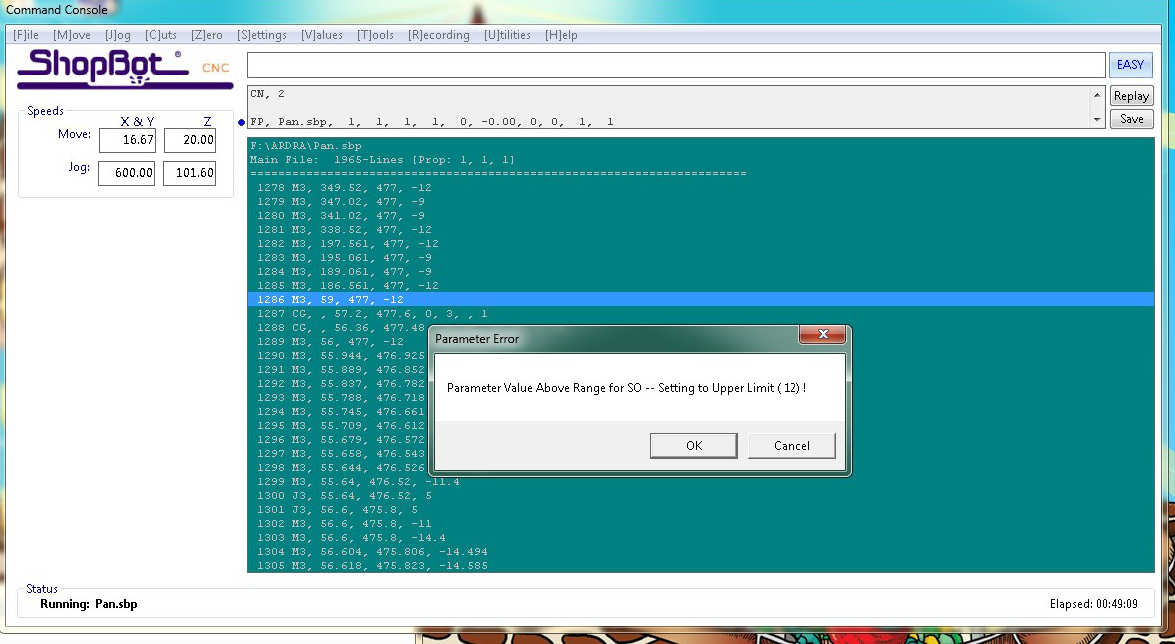 The ShopBot control software displaying the paused machining operation before the recovery procedure was initiated.
