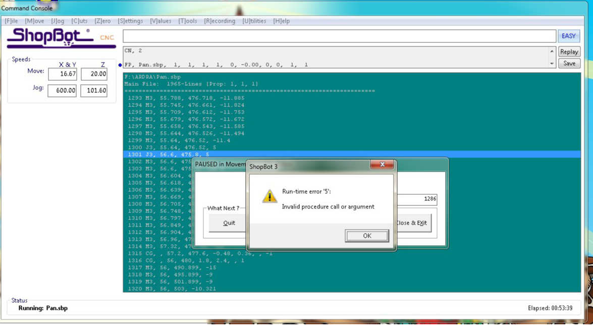 The error message that caused the machining operation to stop unexpectedly.