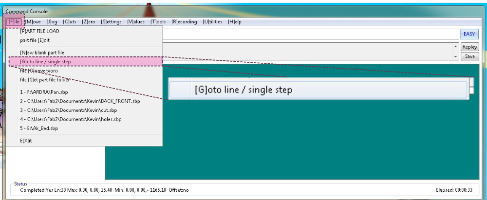 To resume the operation, the Command Console was opened and the File menu option 'Goto Line / Single Step' was selected.