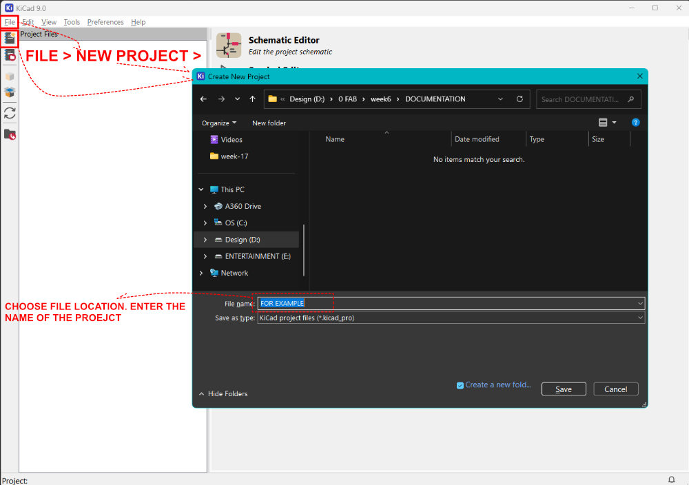 Click File > New Project. A dialog box opens to save the project. Choose a location, enter a project name, and click OK.