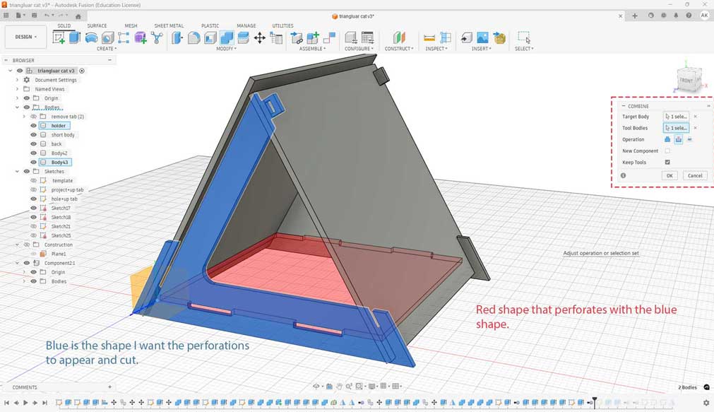 Go to Modify → Combine. Select the target body (the body to be perforated), and then select the tool body. There can be more than one tool body.