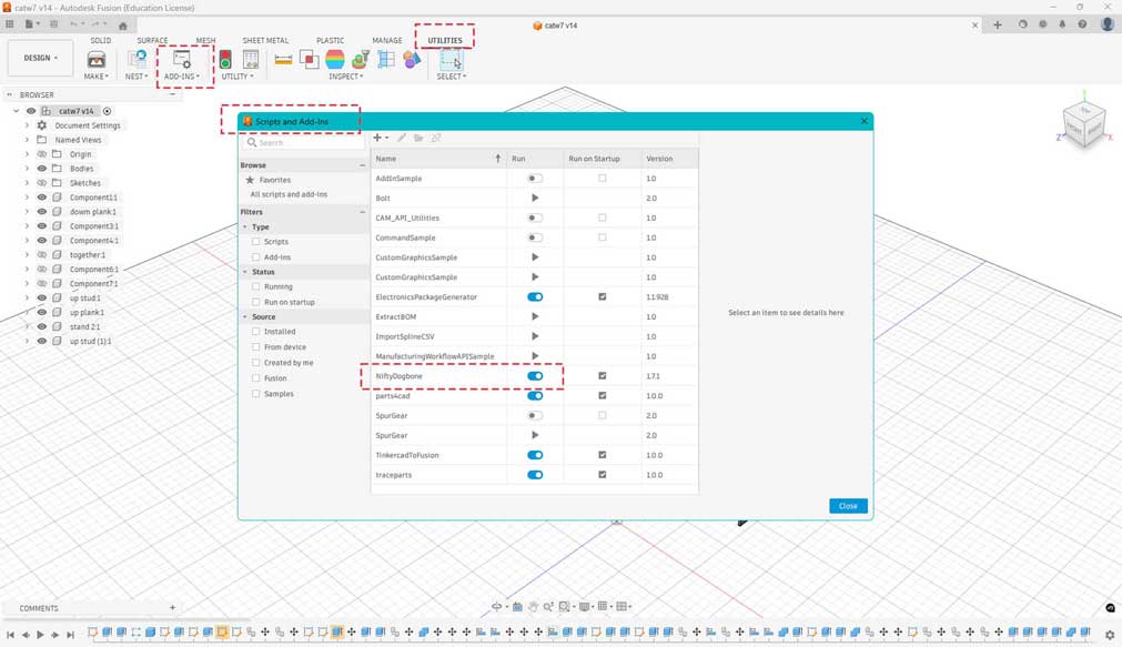 In toolbar select Utilities > Add-ins > Scripts and Add-ins > NiftyDogbone and make it visible