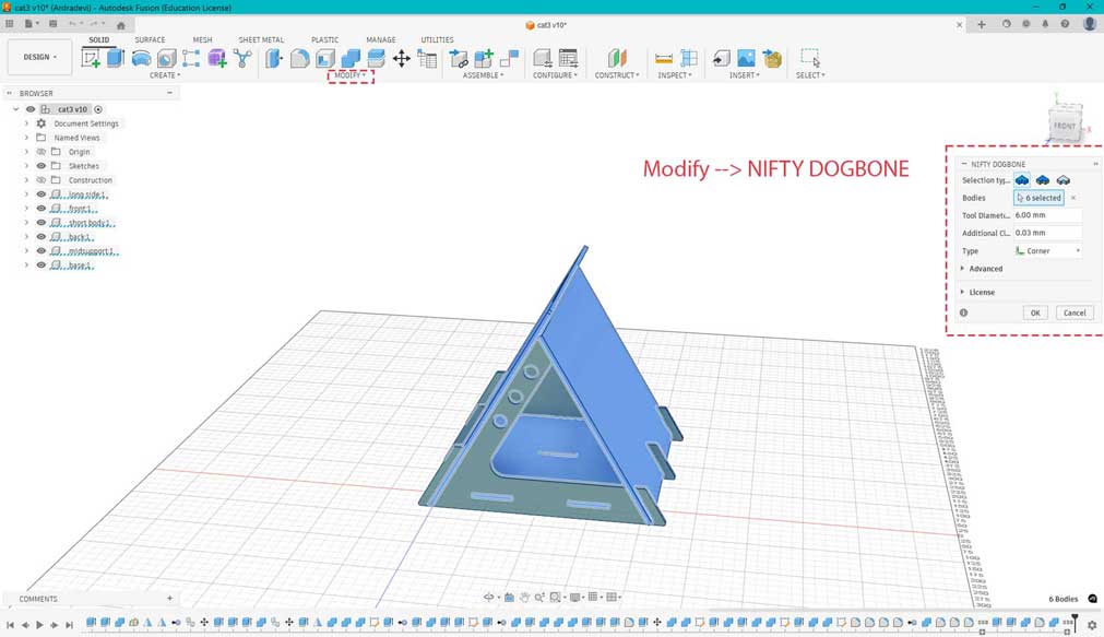Select Modify > Nifty and select the corner to apply the dogbone, tool diameter is 6mm