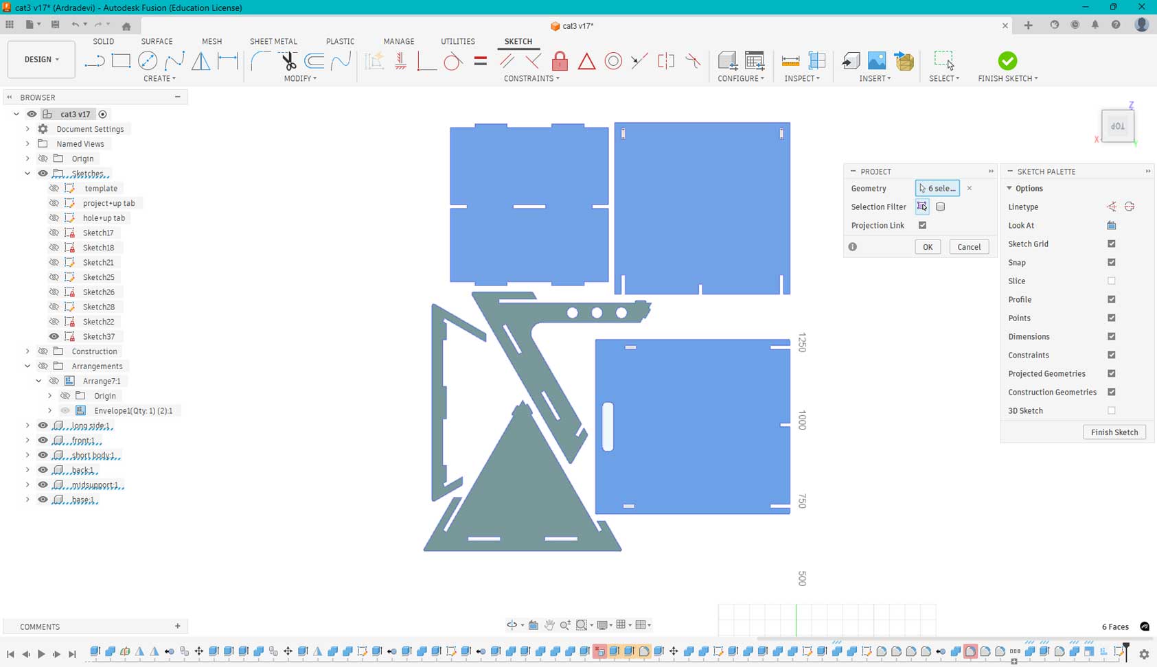 Click the letter P or use Project to create faces for the toolpath to follow. Set the envelope to 8 ft × 4 ft, which are the dimensions of the plywood sheet.