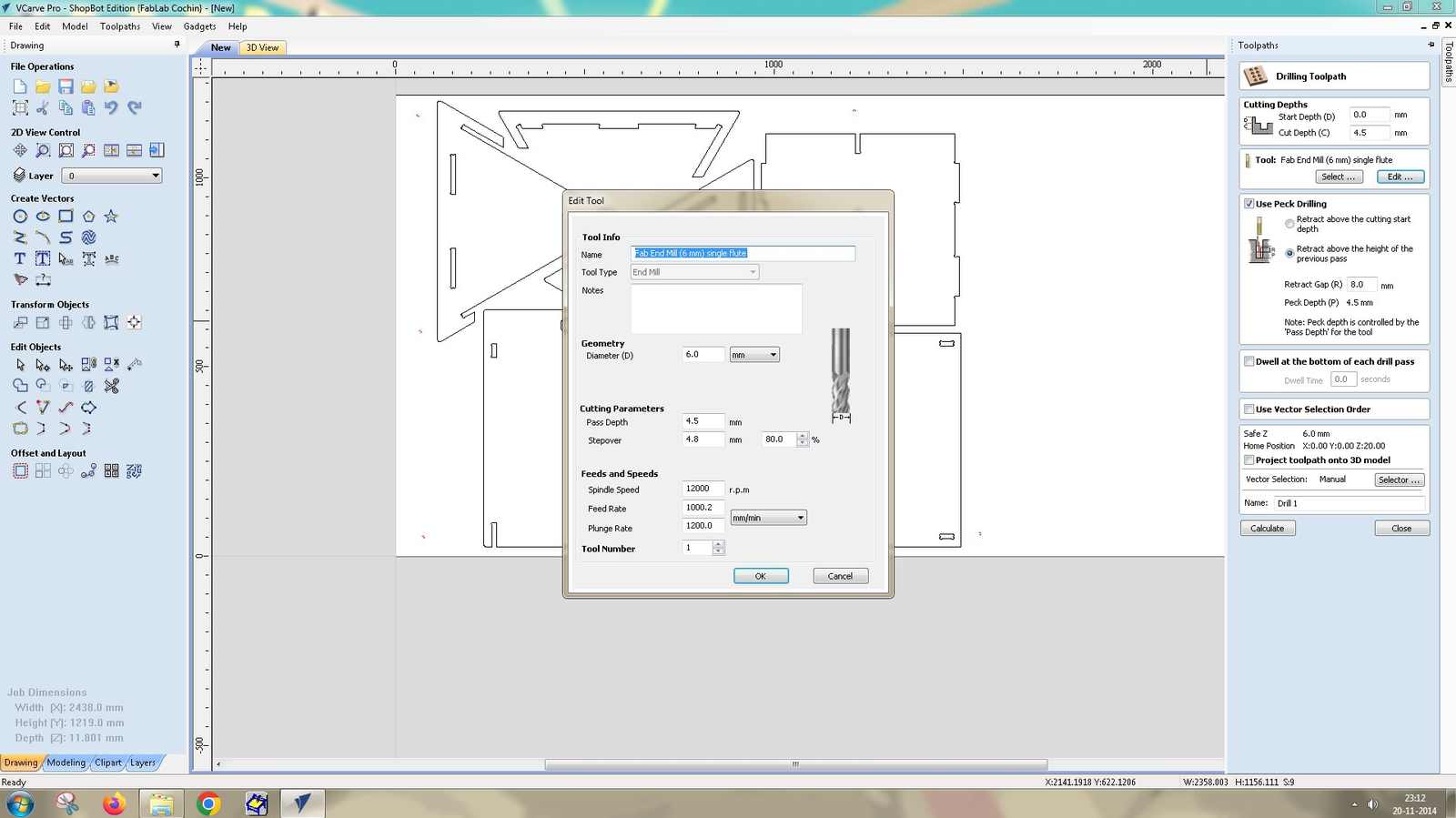The tool name and diameter must be cross checked in the Tool Database on the right side. Flat End Mill, 6mm.