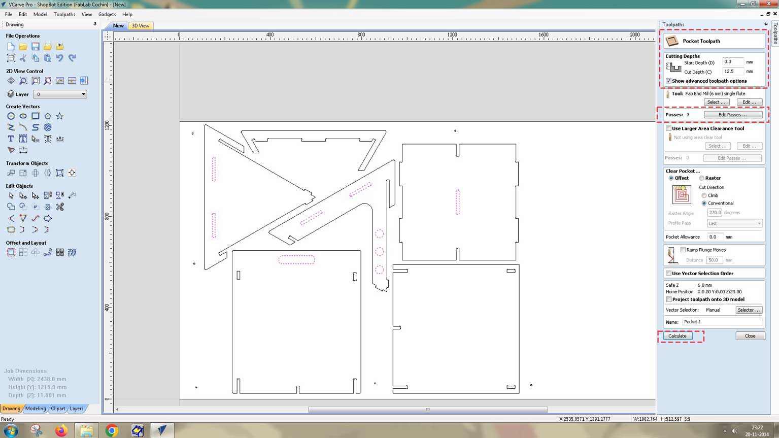 Here, the pockets are used to completely remove the stock in that area. The cut depth is set greater than the material thickness. The number of passes is three.