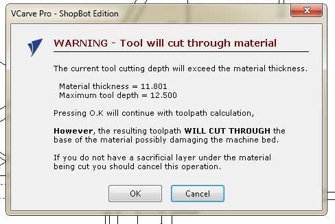 This is because the material thickness is less than the cut depth. I am aware of this, and the sacrificial bed will handle the tool.