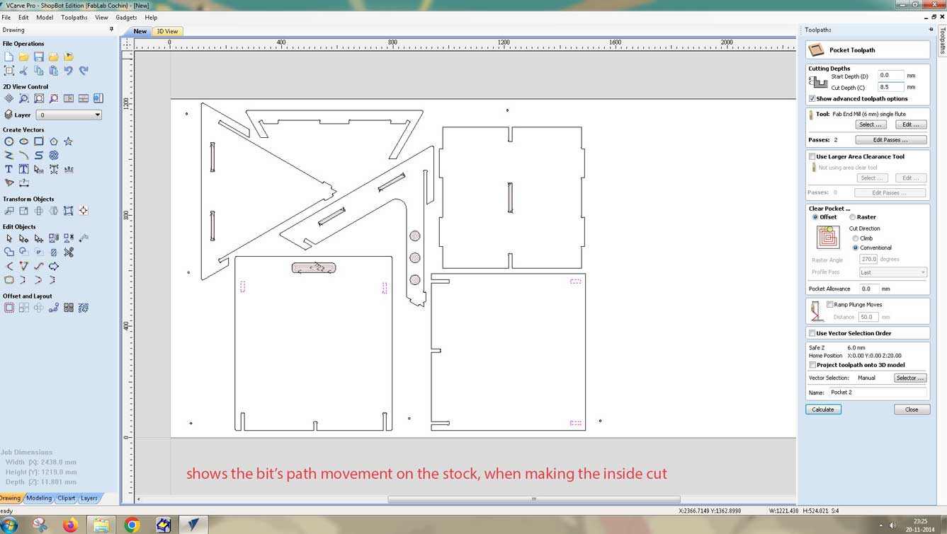The toolpath used when cutting the pocket is shown.