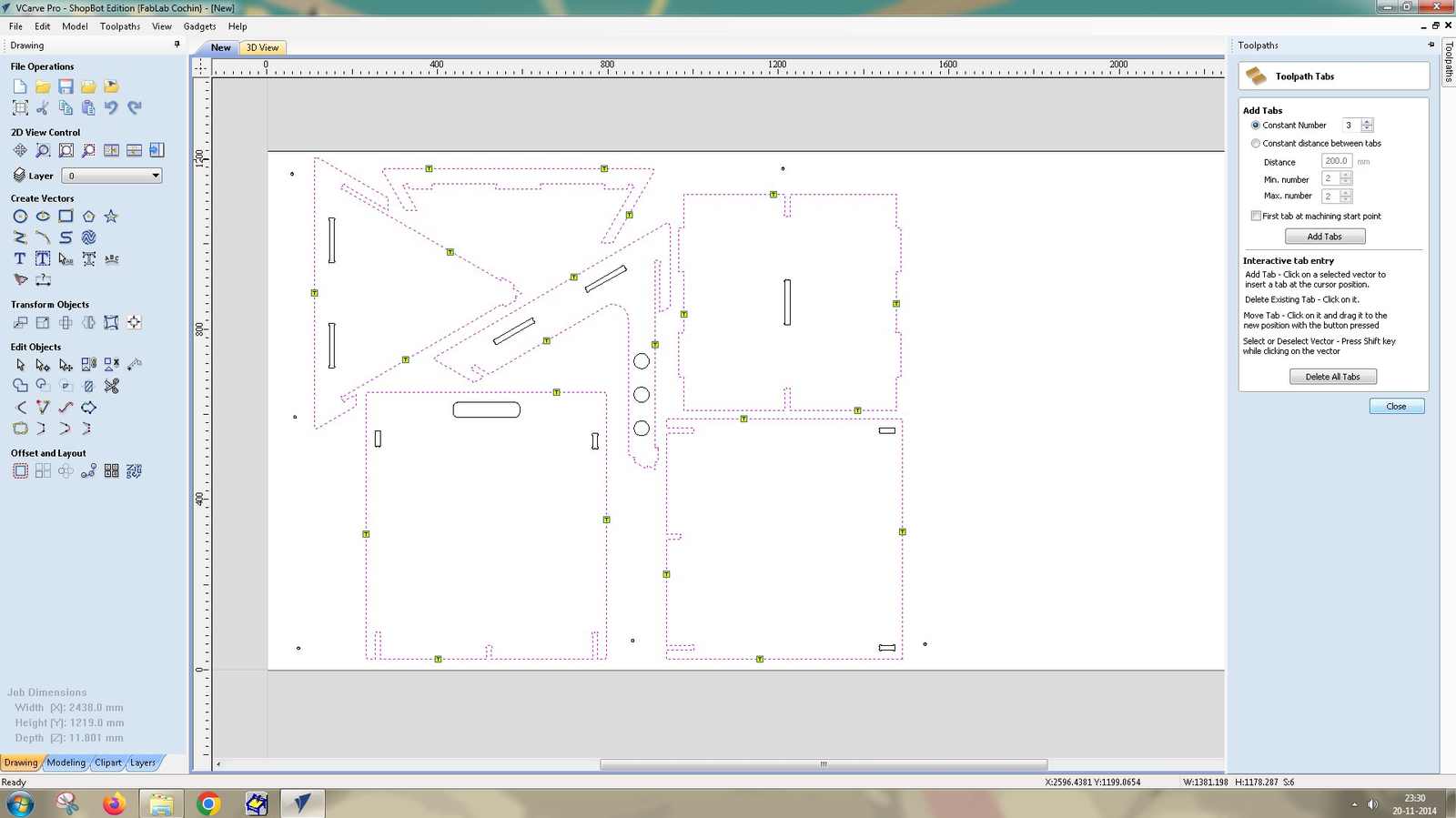 The toolpath used to cut the material free is defined. Tabs are added so that the part does not come off completely. Tabs should be placed on the longer straight edges rather than at joints or curved sections. This helps achieve a better finish.