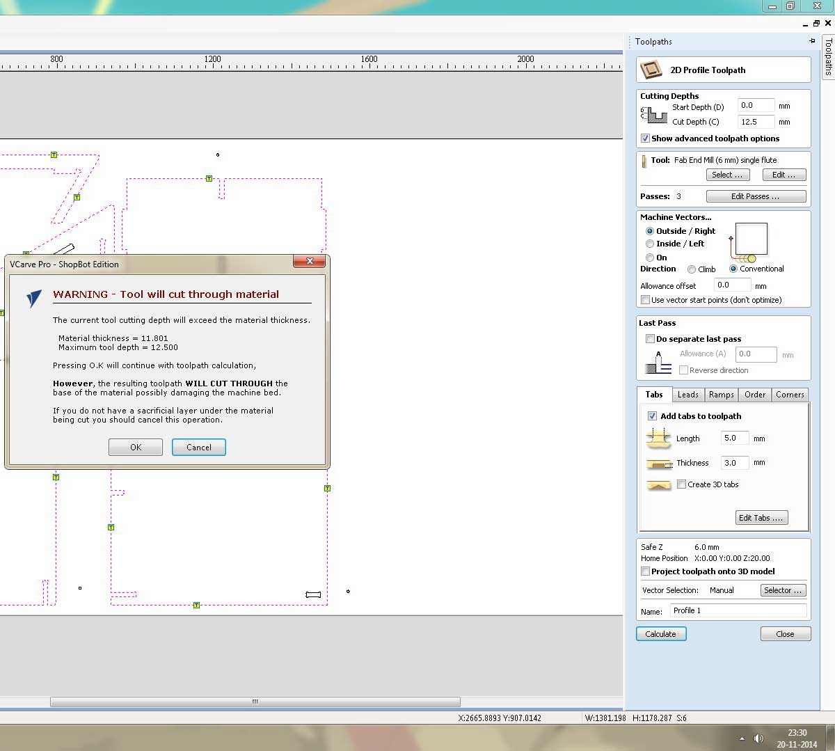 The tool depth used to cut through the material is set deeper than the material thickness.