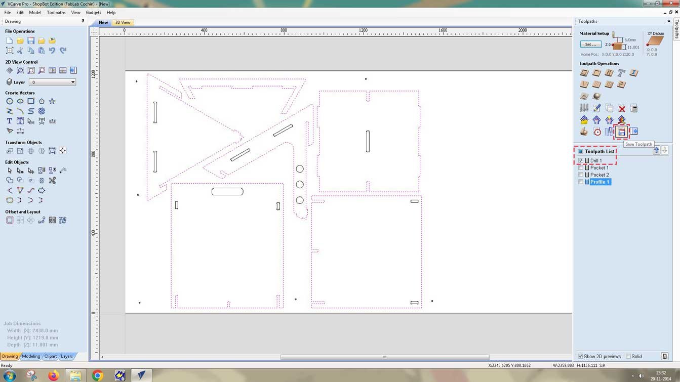 Here, the drill path is saved separately so that after the points are marked, I can screw the stock to the sacrificial bed.