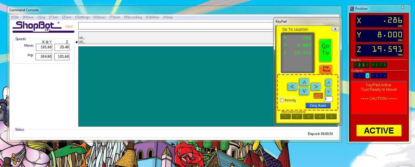 The new yellow keypad dialog box is where you control the spindle's movement. The arrow keys on the keyboard are used for movement.