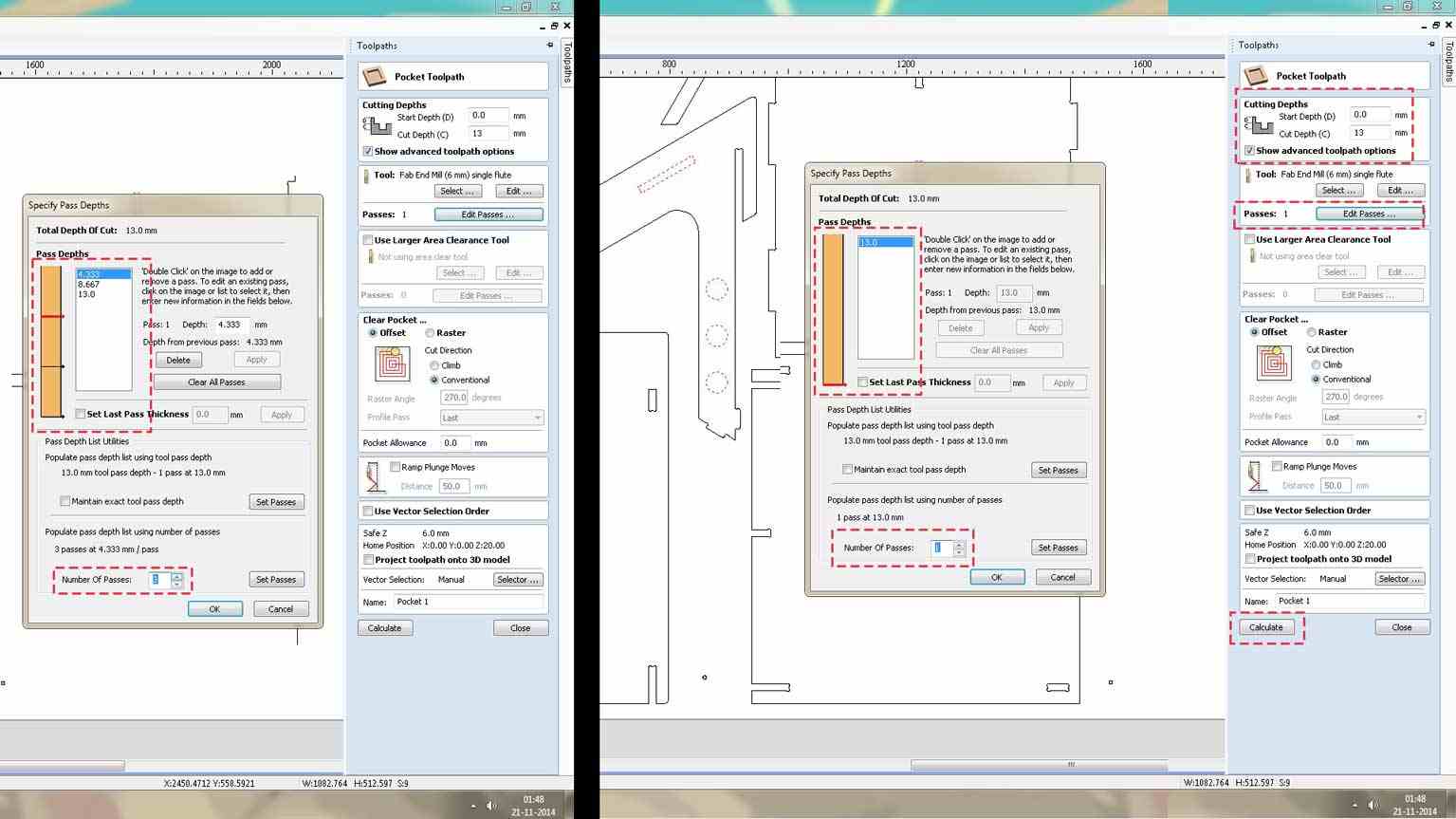 The toolpath passes and the depth for each pass are shown.