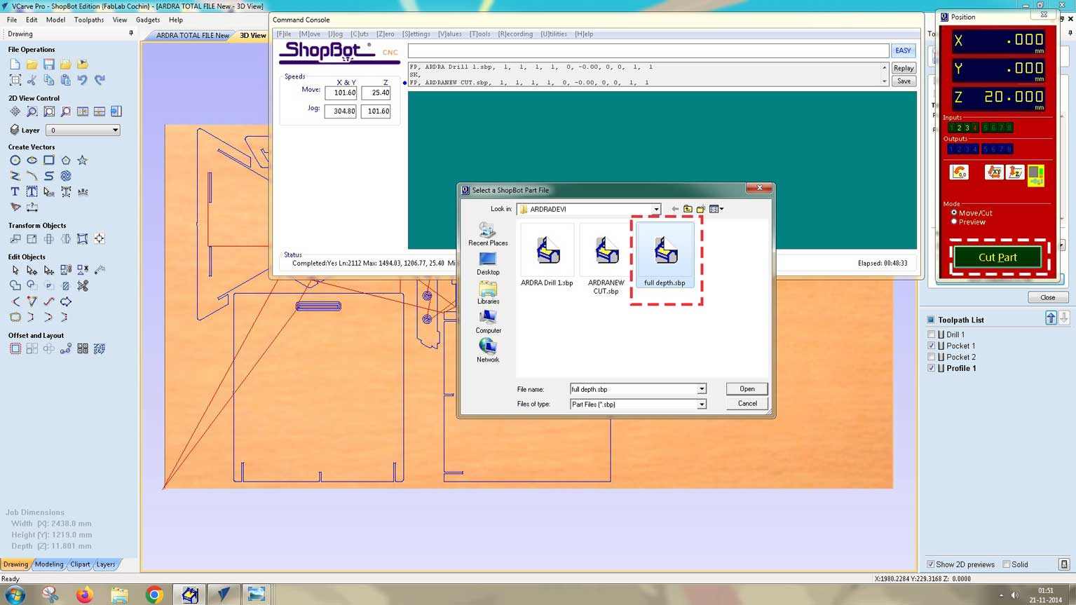Upload the next file to route the pockets. Then upload the full depth file. This cuts through the stock entirely.