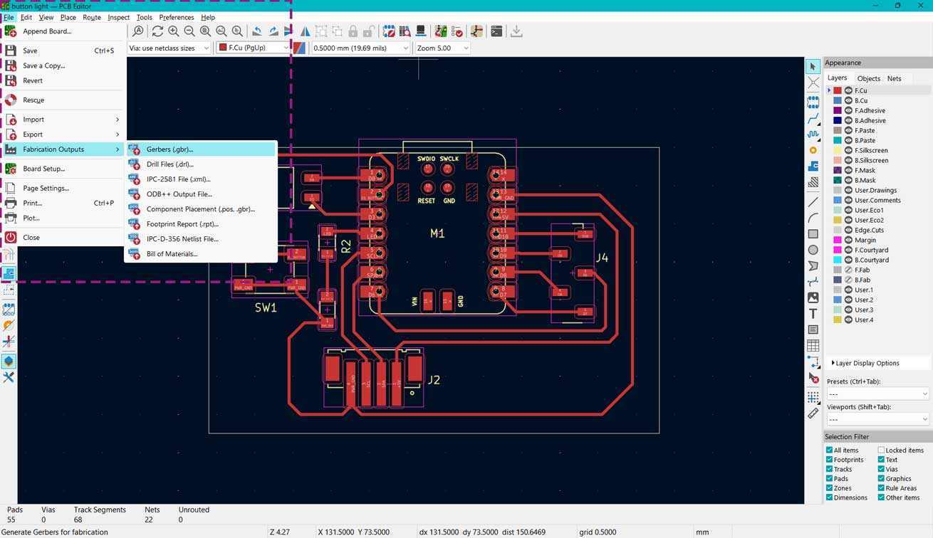 File → Fabrication Outputs → Gerbers (.gbr)