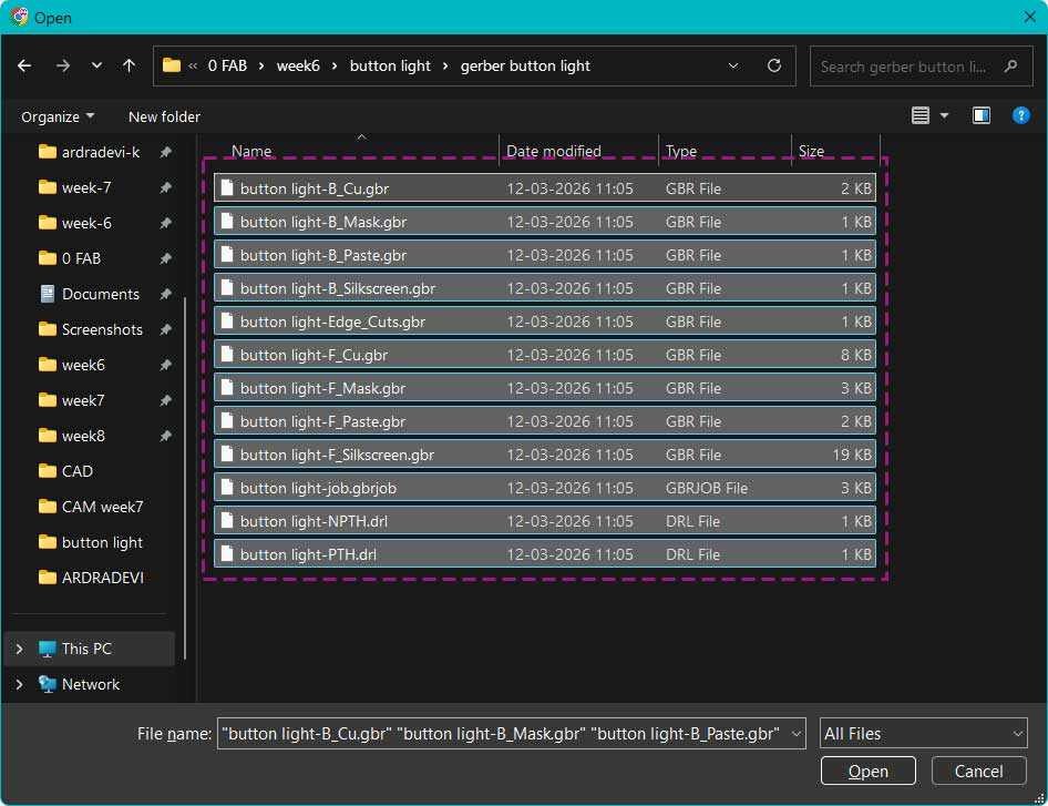 Drag and drop all the files in the gerber folder we created now or open the folder and add all the files.