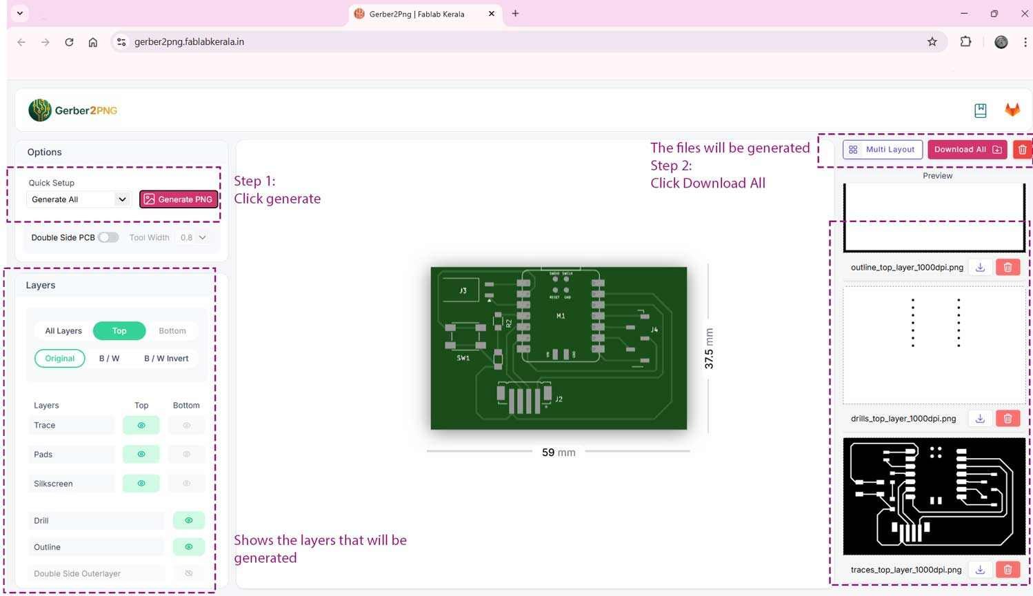 The image of how the pcb will look like is shown.To generate the PNG click the button “Generate  PNG”.