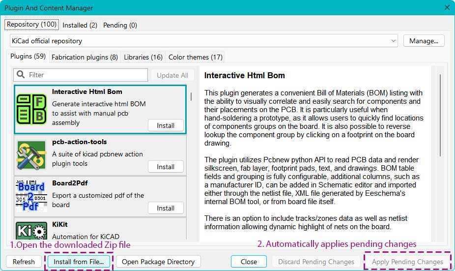Open KiCad → Plugin and Content Manager. Select “Install from File” then select the folder. Select “Apply Pending Changes “