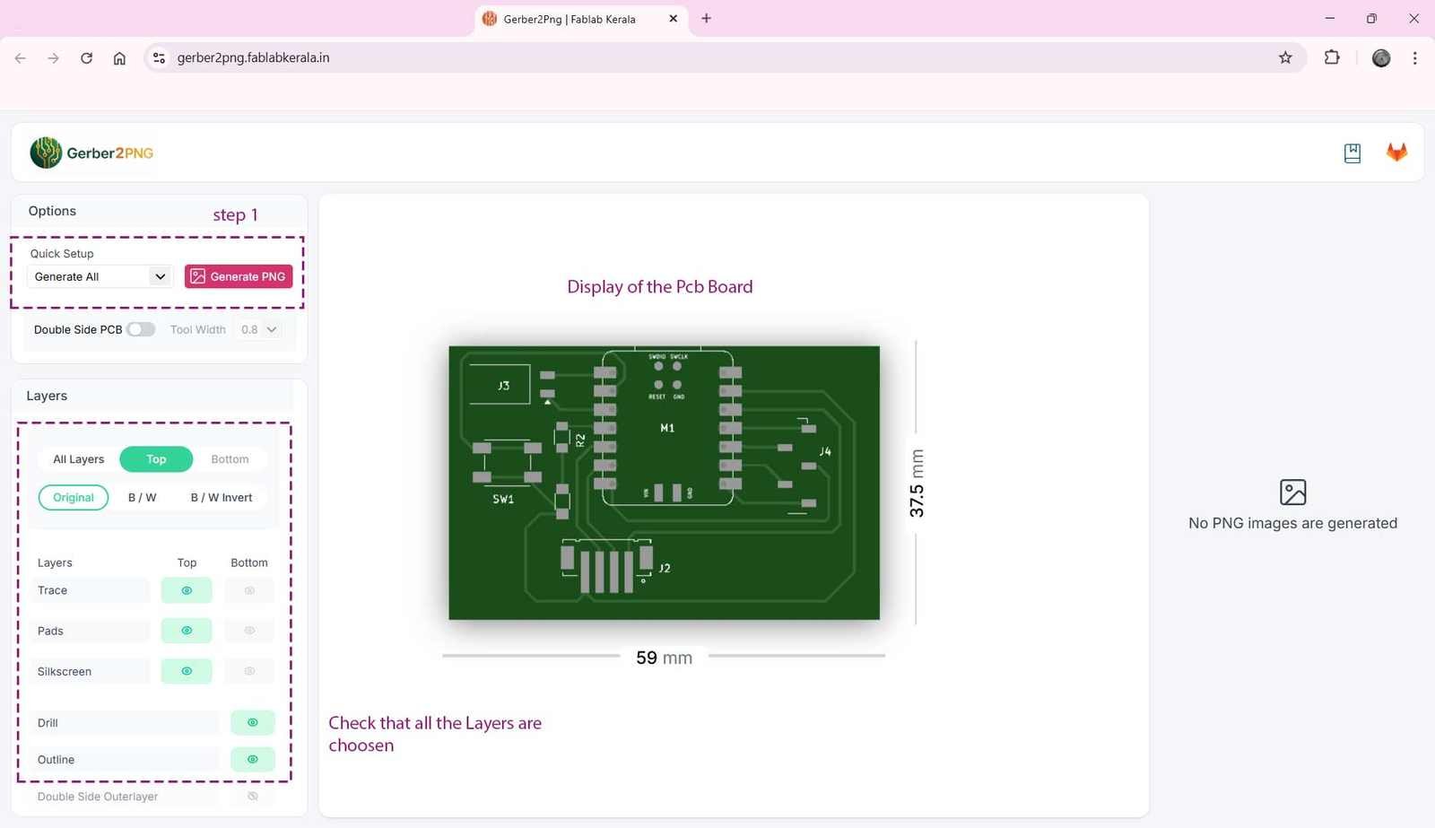 The image of how the pcb will look like is shown.To generate the PNG click the button “Generate  PNG”.
