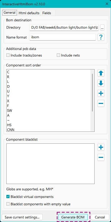Generated BOM view showing components and layout