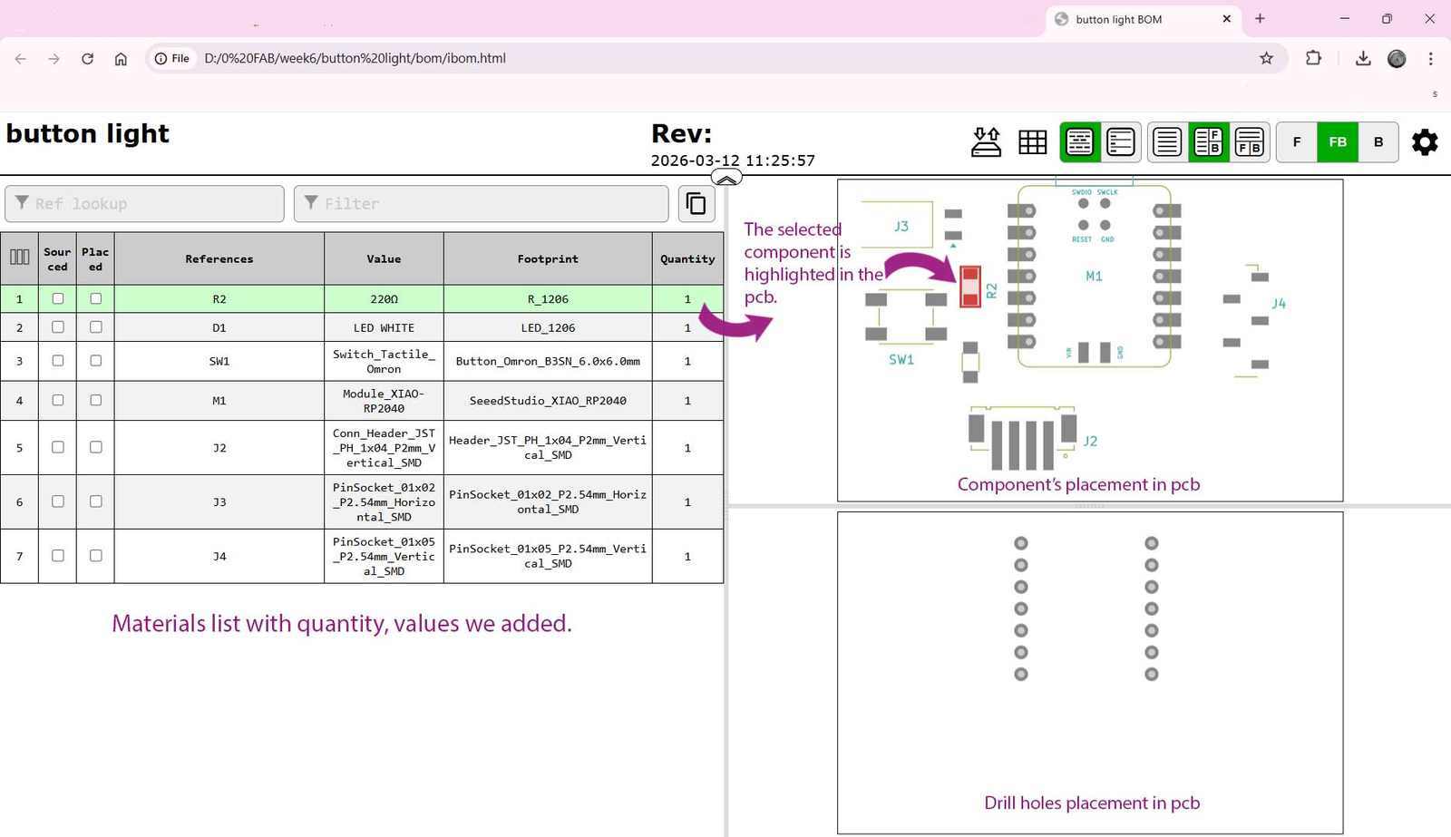 BOM displayed in browser with PCB board and pin details