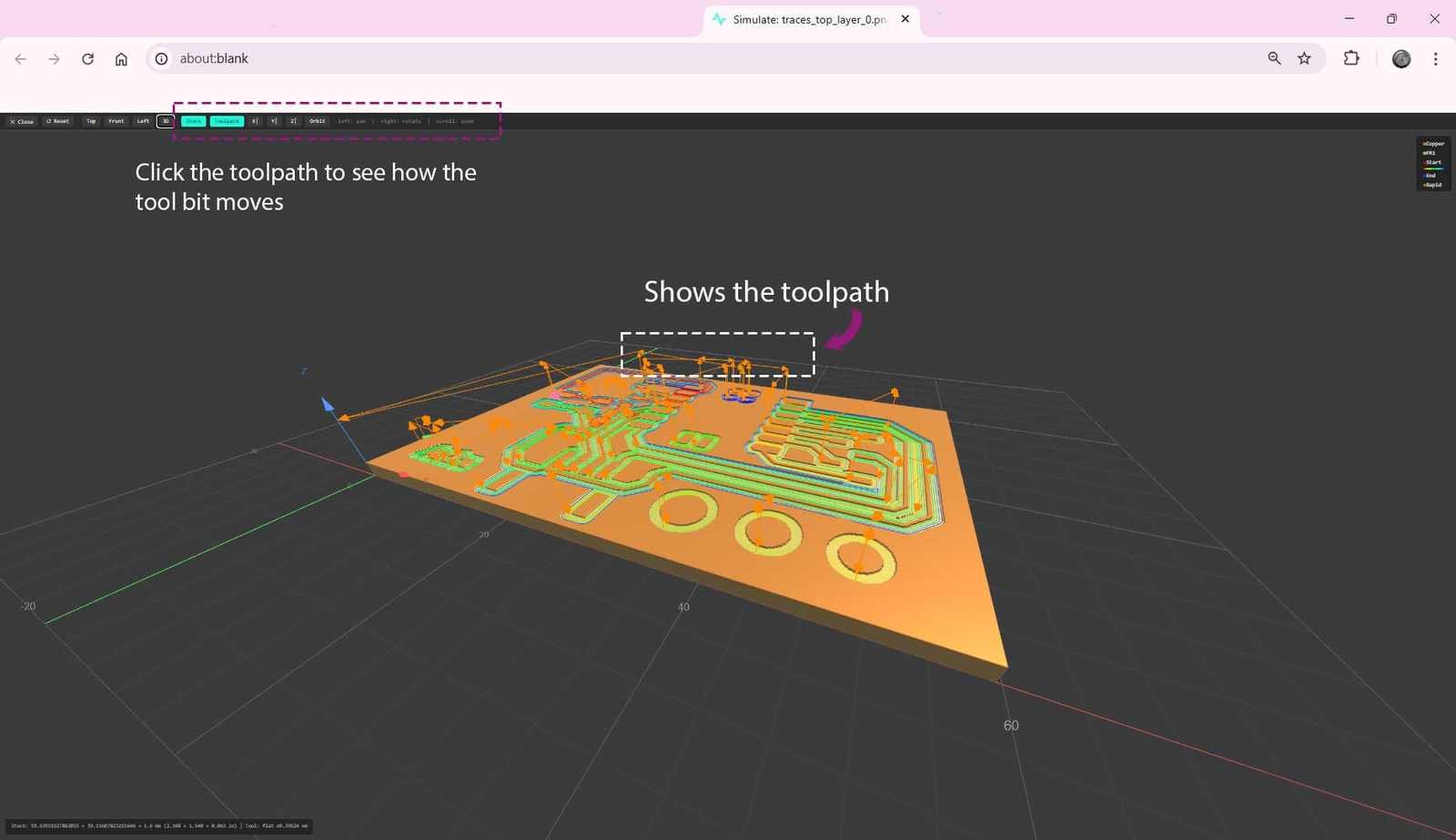 MDX Mill PCB workflow loaded and ready for milling process