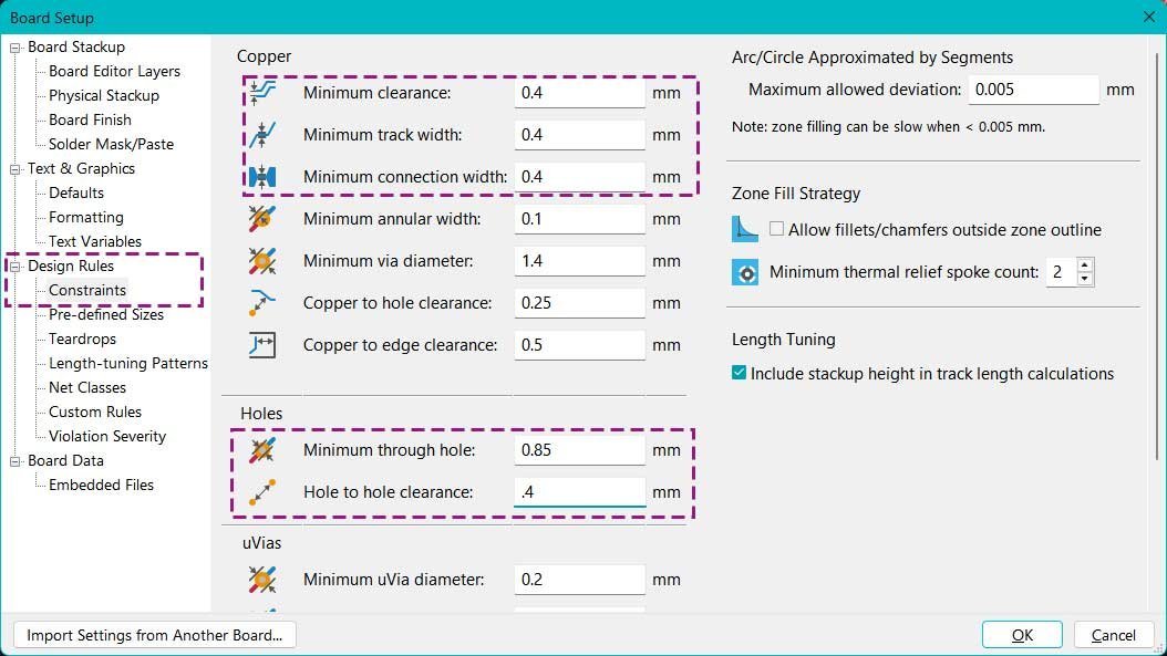 Open Board Setup and navigate to Design Rules and Constraints in PCB Editor