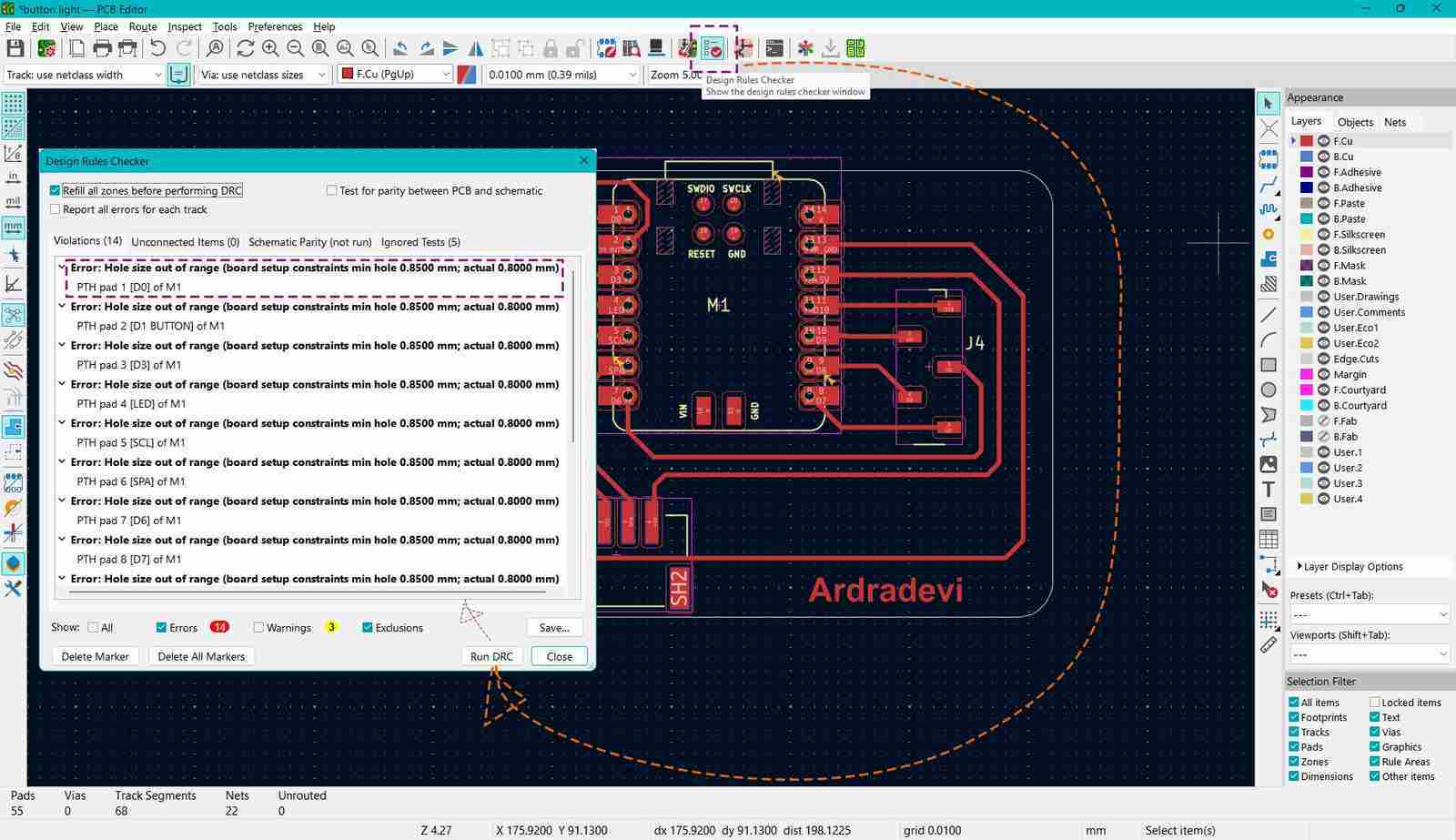 Modify minimum through hole size based on toolbit