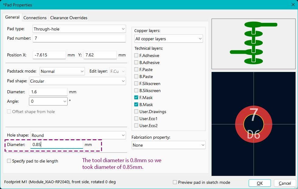 Edit pad diameter in footprint properties from 0.80mm to 0.85mm